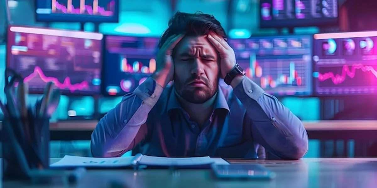 overwhelmed office worker multiple screens