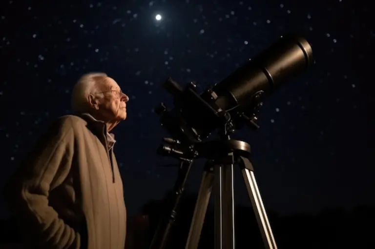 senior woman stargazing backyard telescope night sky
