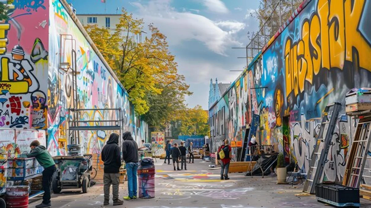 berlin street art colorful wall detail crowd