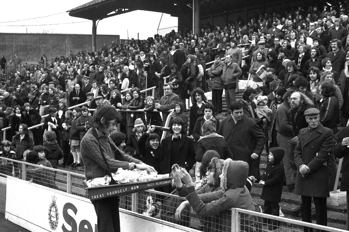 vintage bundesliga stadium full crowd atmosphere 1970s
