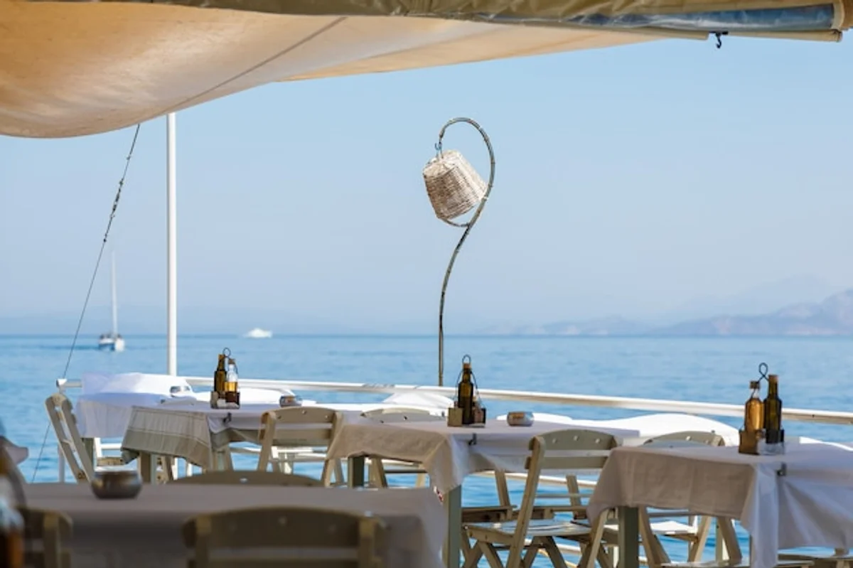 mediterranean sea outdoor restaurant evening Greece