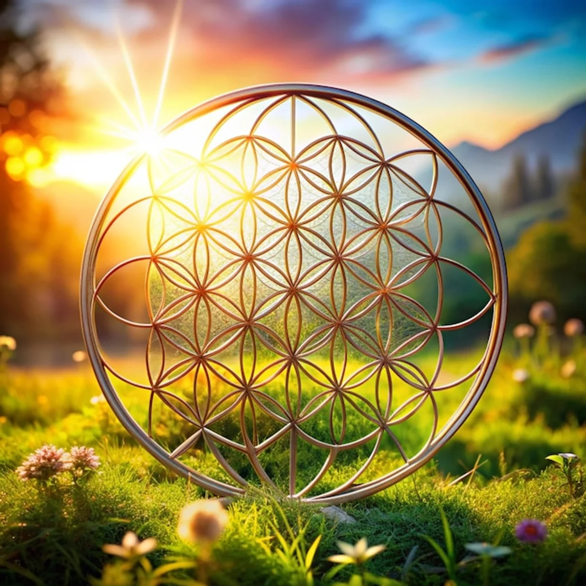 colorful garden with physics symbols, artistic light, morning sun
