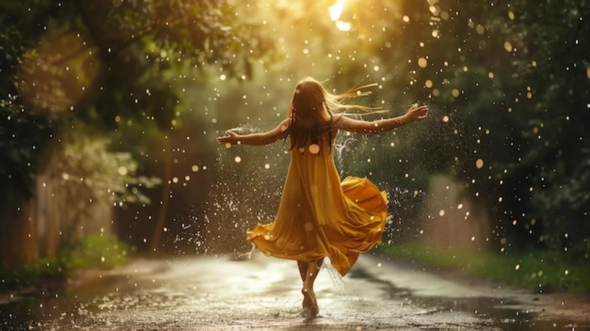 woman enjoying rain nature mood