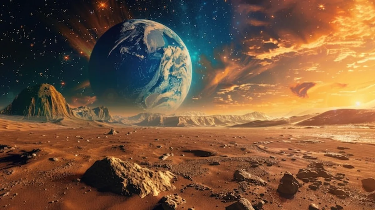 blue sunset on Mars planet surface