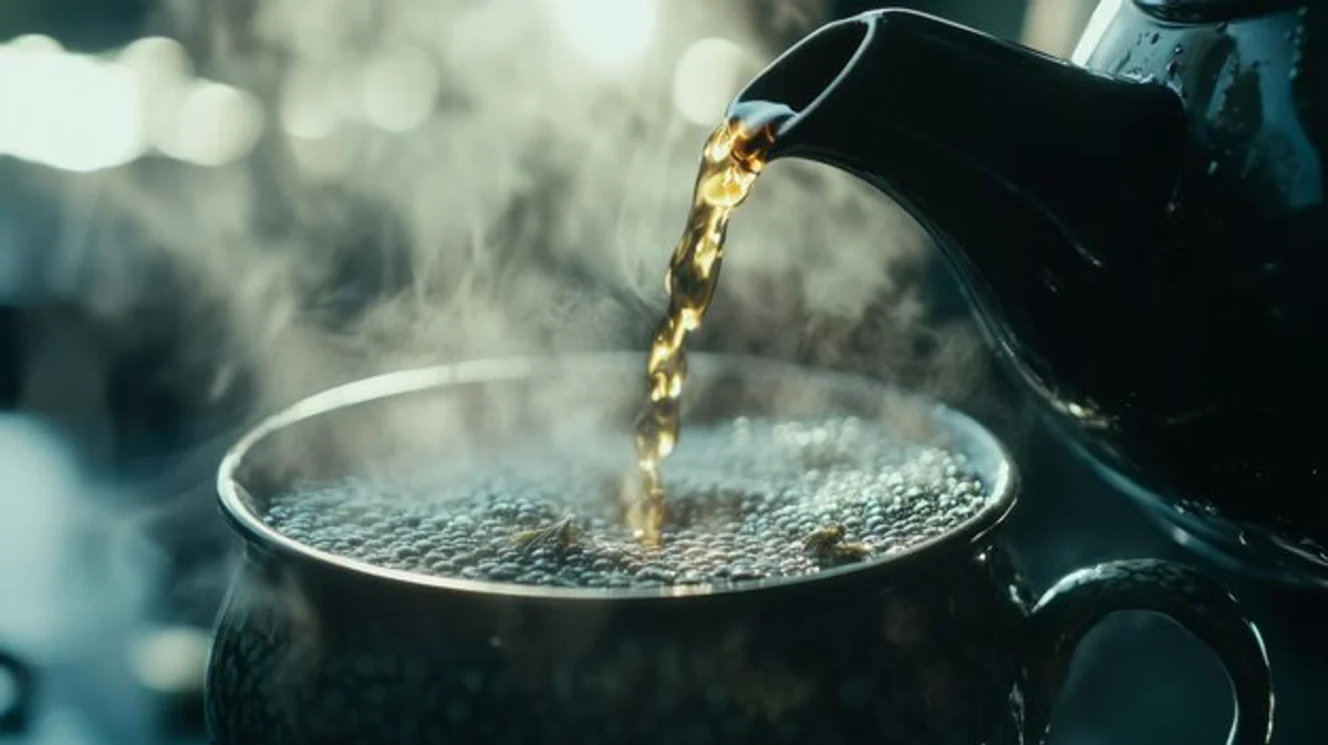 close up of tea being poured with steam, cozy kitchen