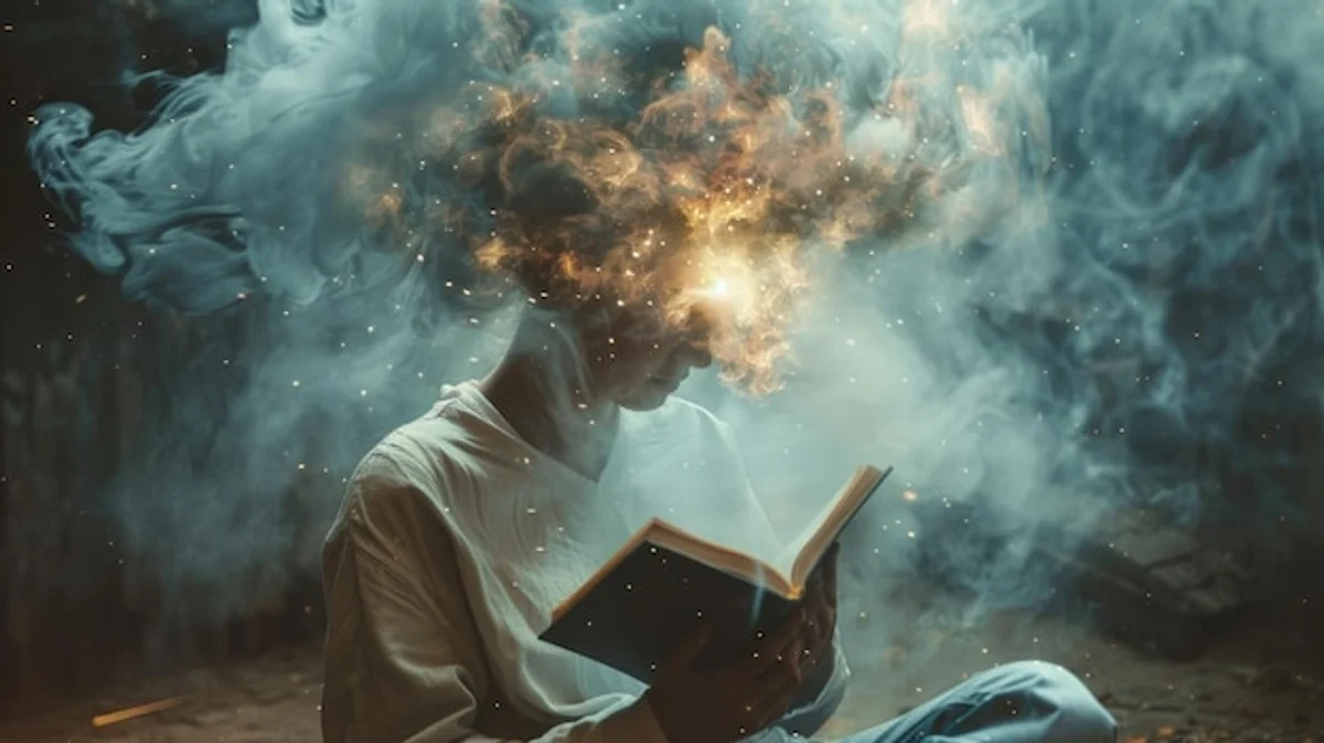 abstract image of inner conflict while reading books