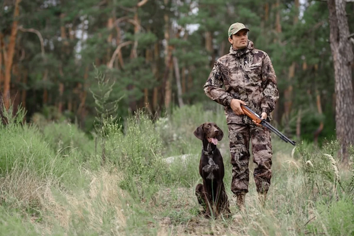 birdwatcher with binoculars in german forest spring morning