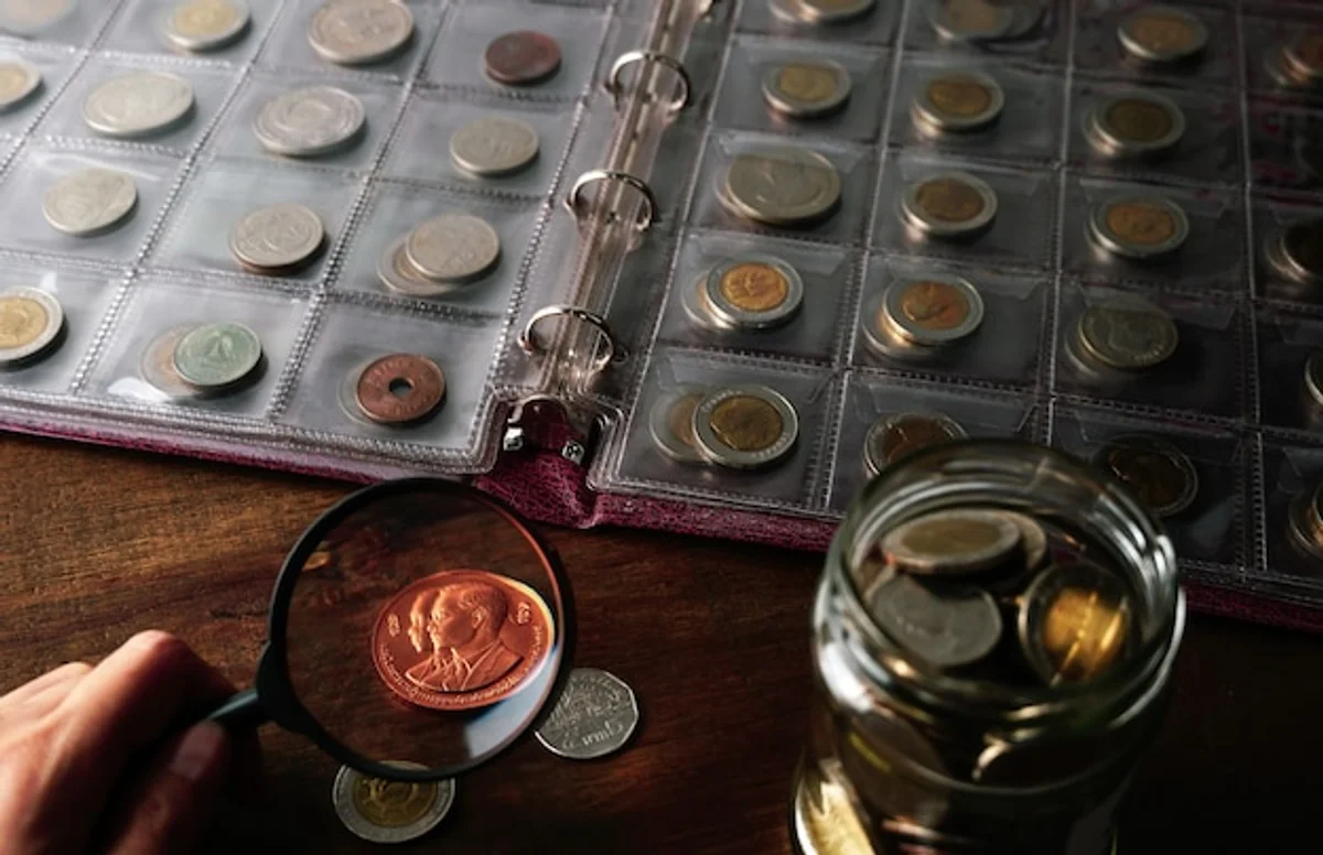 vintage coin album wooden table numismatics