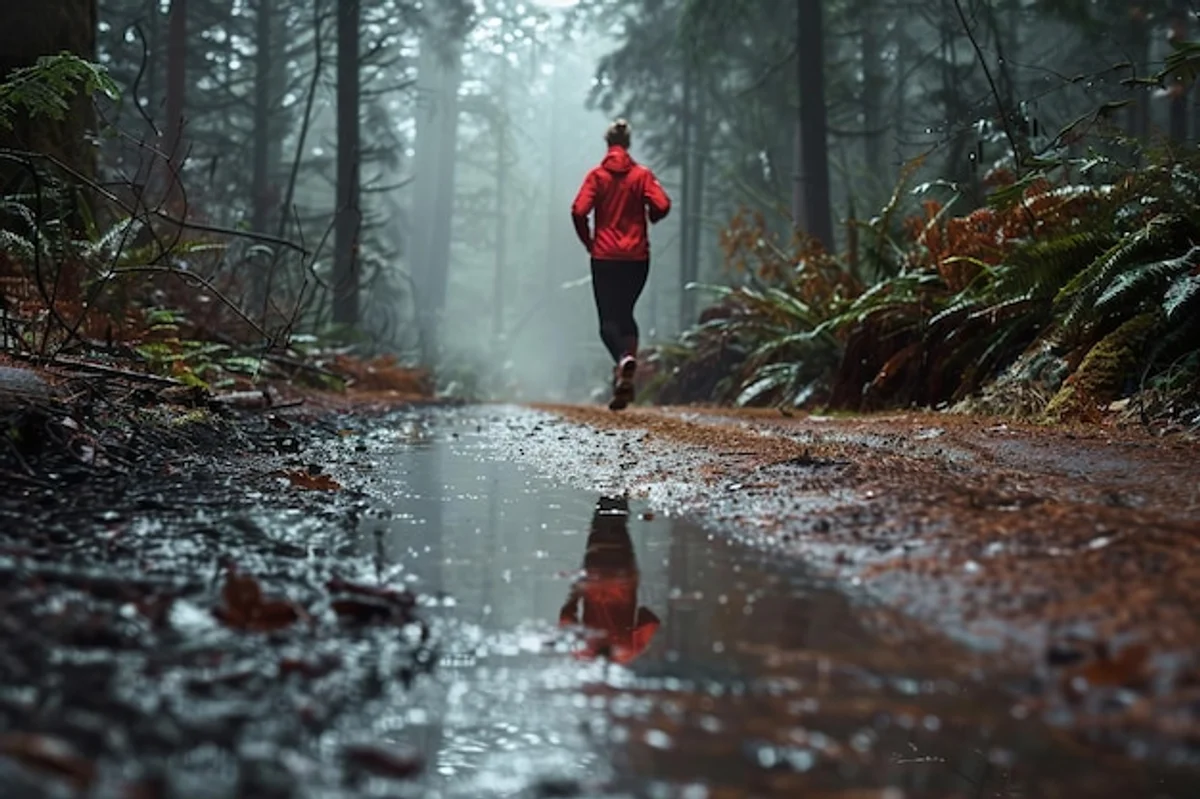 distance runner feet in rain forest mountain trail