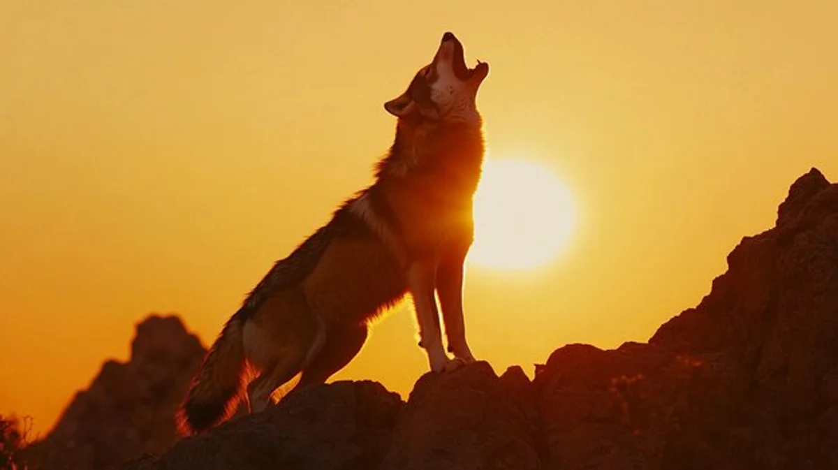 wild wolf in german forest sunrise