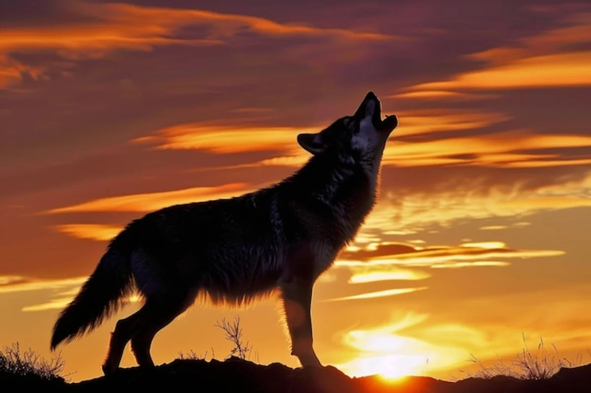 wild wolf in german forest sunrise
