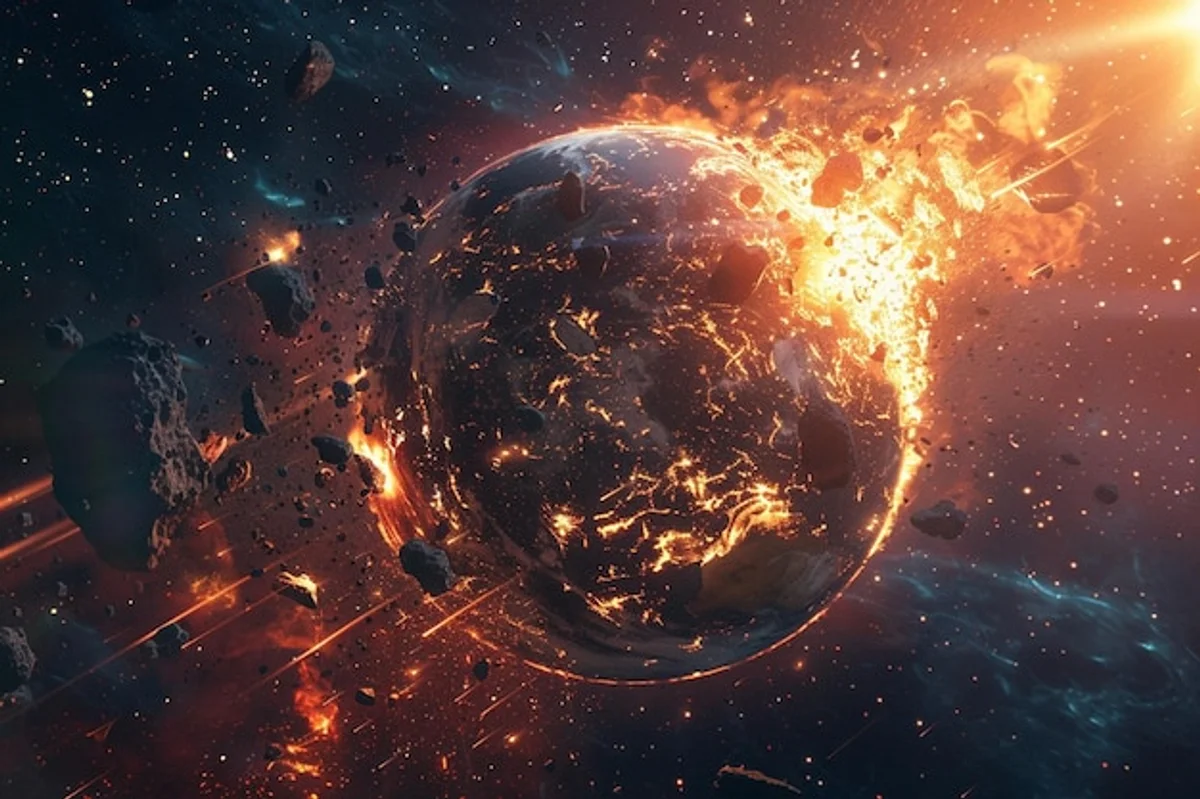 meteorite impact damage city sky