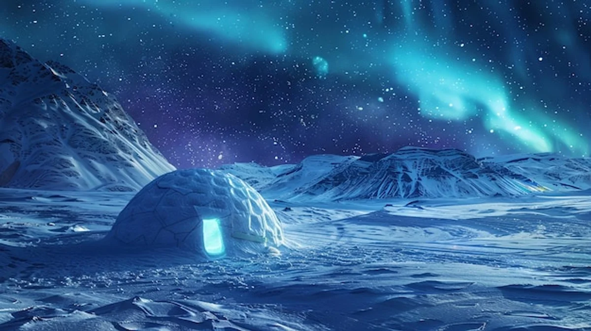 aurora borealis in dark frozen landscape, no sunlight, surreal atmosphere