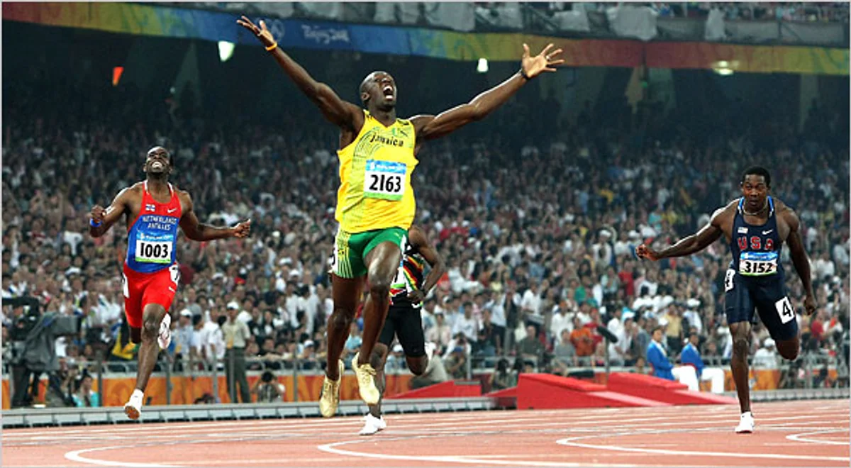 Usain Bolt celebrating world record sprint in crowded stadium