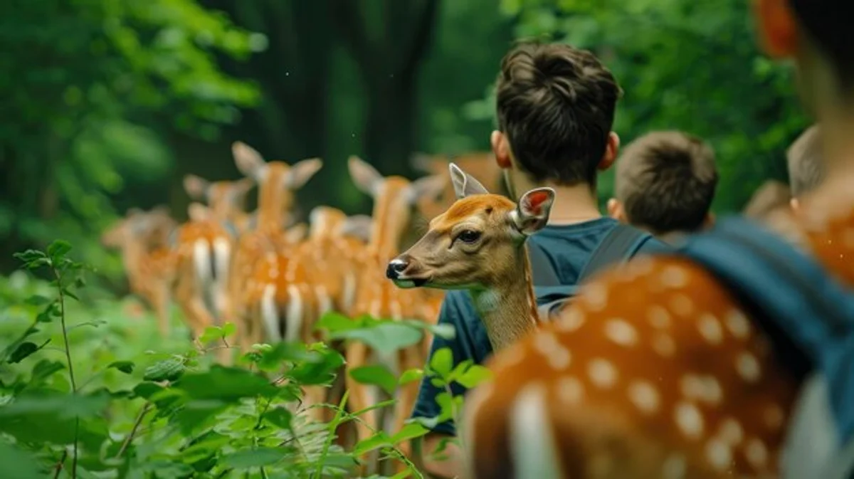 elderly woman walking in German forest wildlife deer