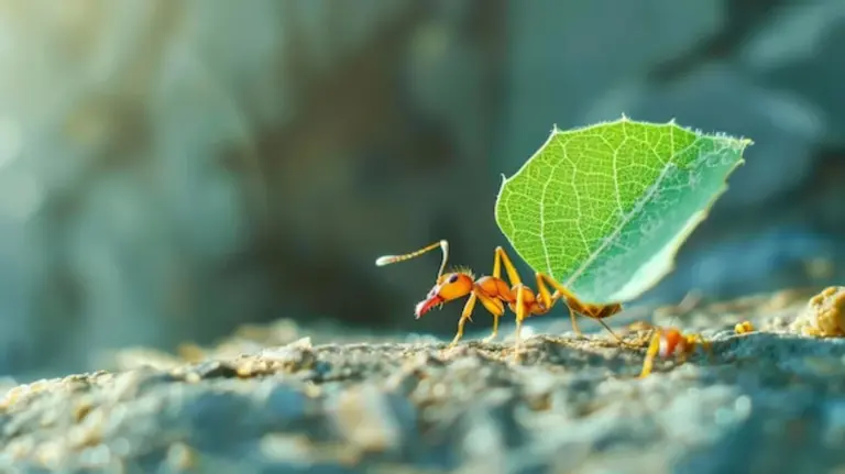 ant macro carrying heavy leaf