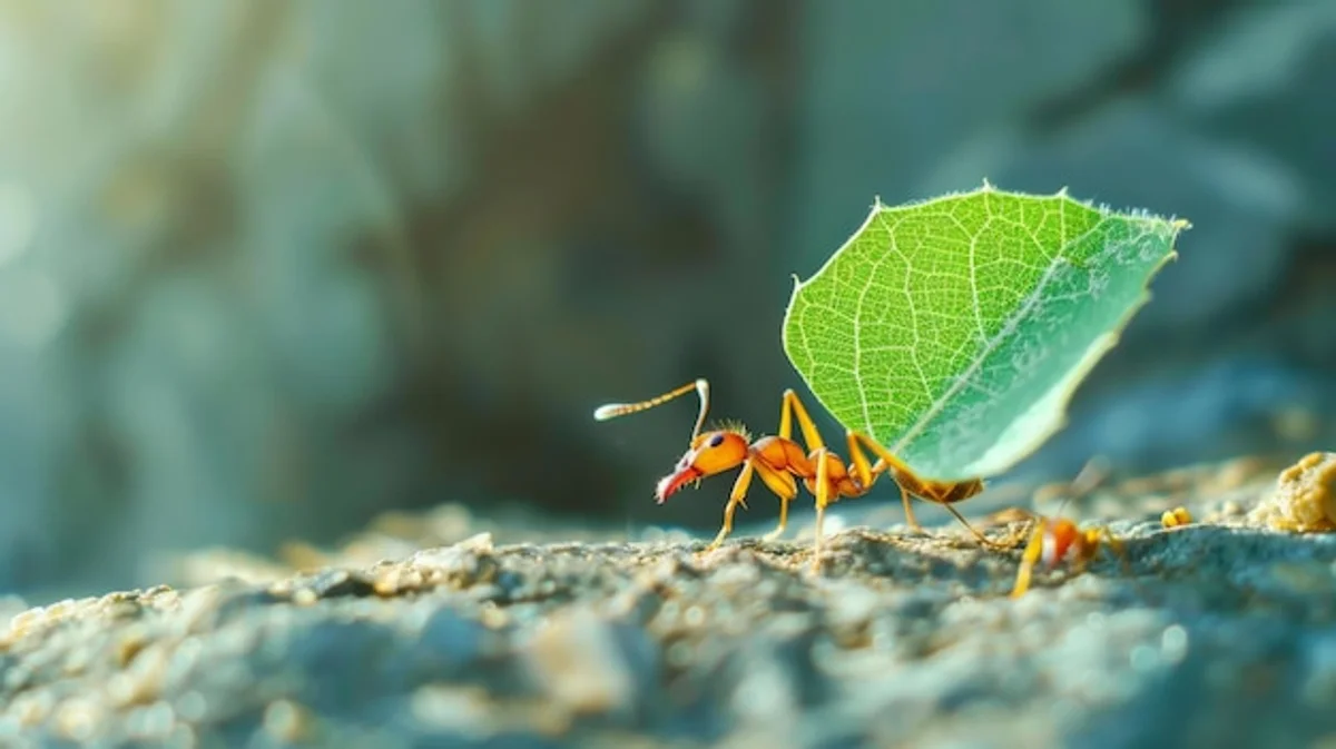 ant macro carrying heavy leaf