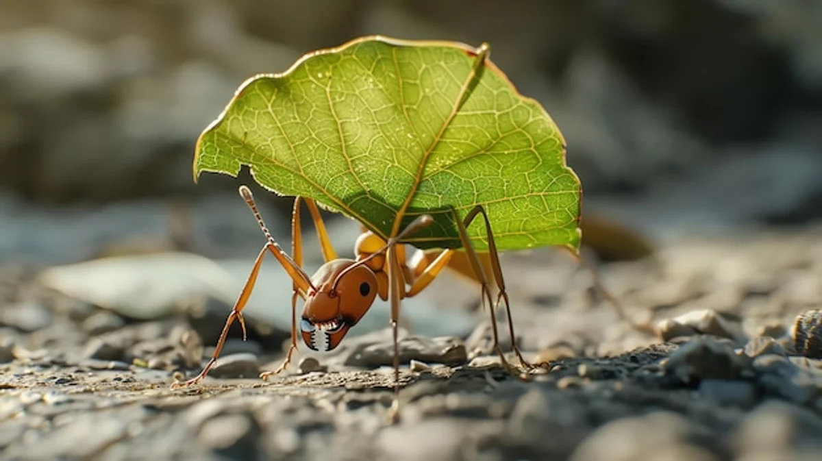 close up ant carrying leaf macro