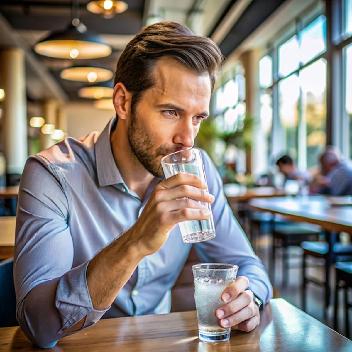 man drinking cold water at dinner table