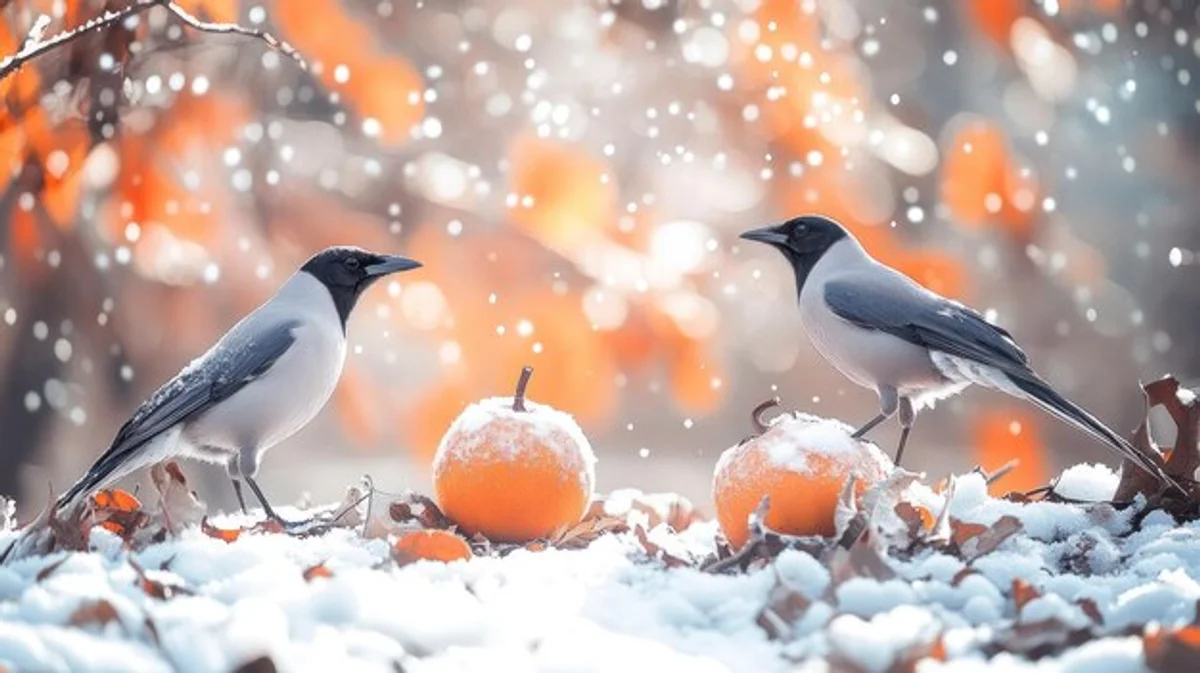 birds feeding in snowy german garden close up