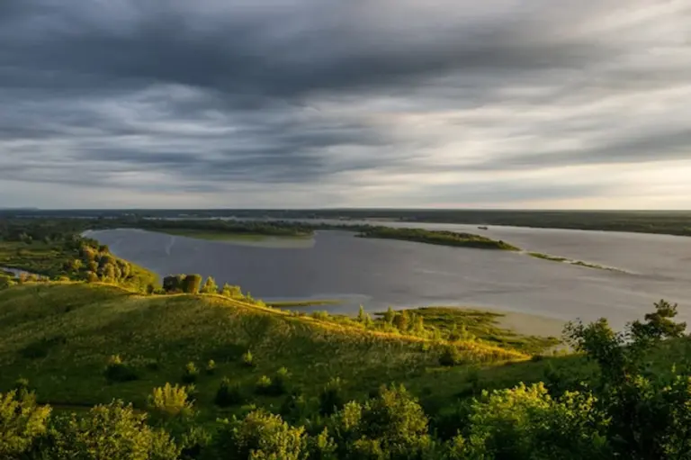 Volga river aerial view dramatic sky