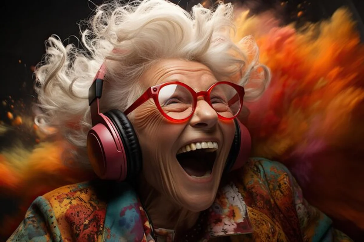 elderly person listening to headphones joyful moment music therapy