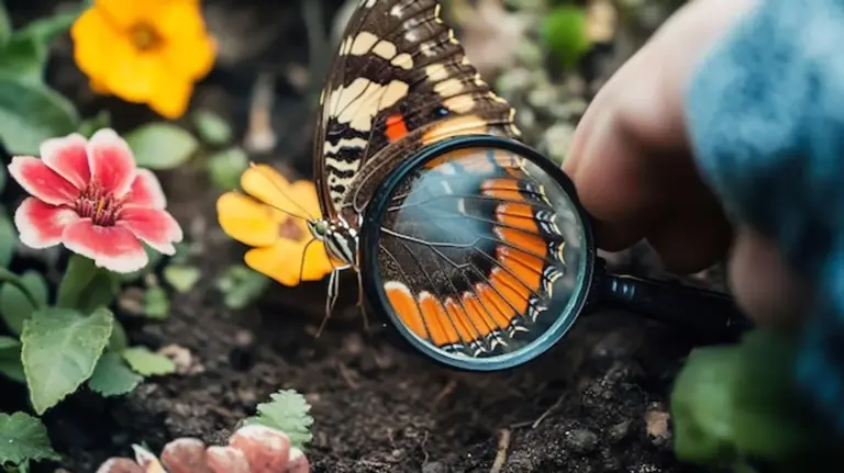 senior observing butterflies colorful garden