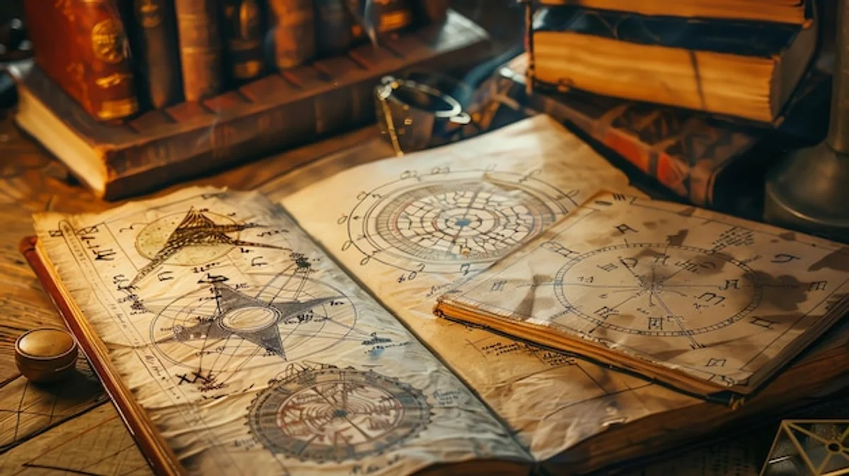 old alchemical manuscripts on wooden desk