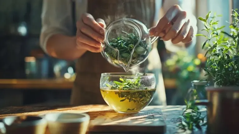 homemade herbal tea in glass cup with fresh herbs garden