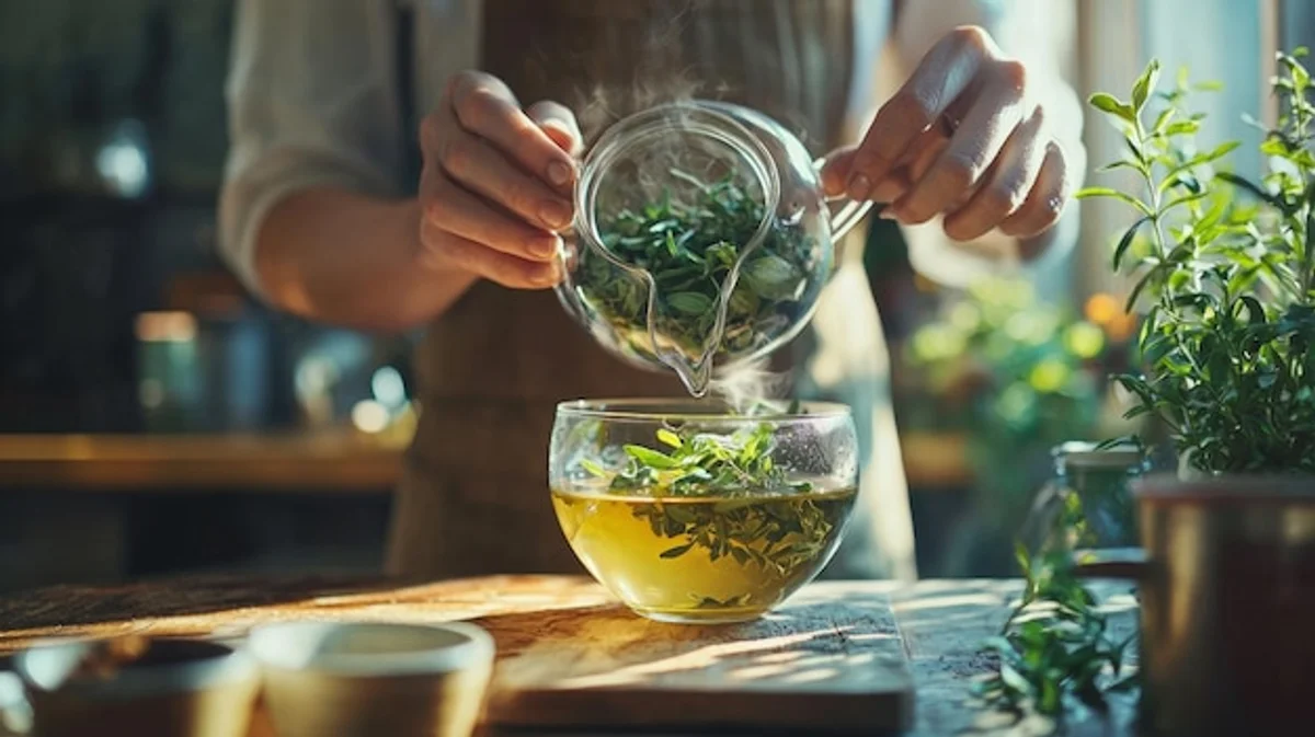 homemade herbal tea in glass cup with fresh herbs garden