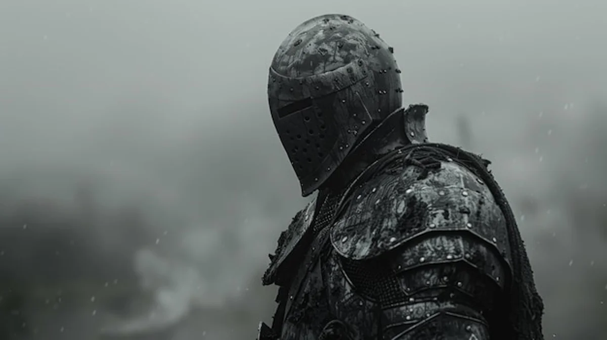 Viking helmet in rain modern urban background