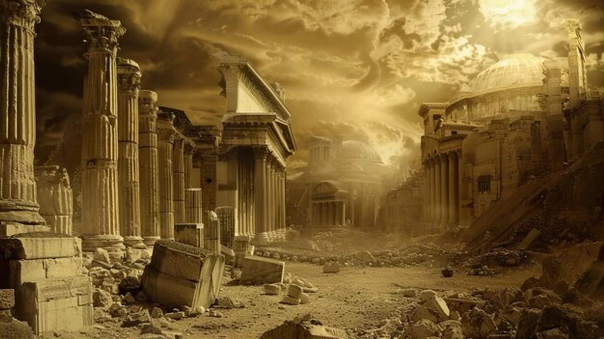 ancient ruins lost empire dramatic sky