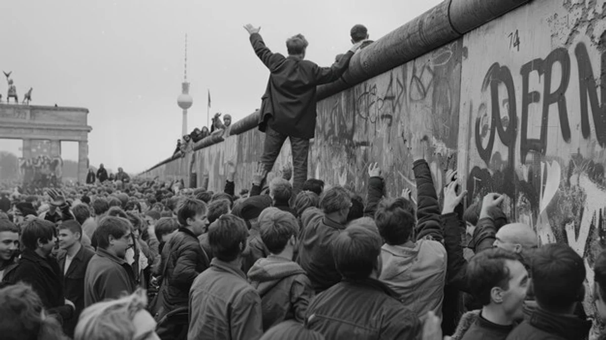 berlin wall fall celebration crowd east and west people 1989