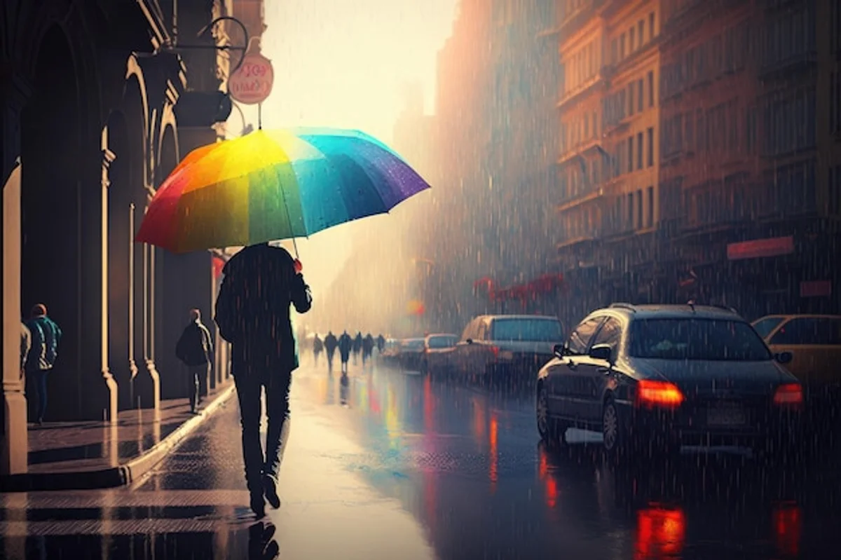 people enjoying rain urban city street