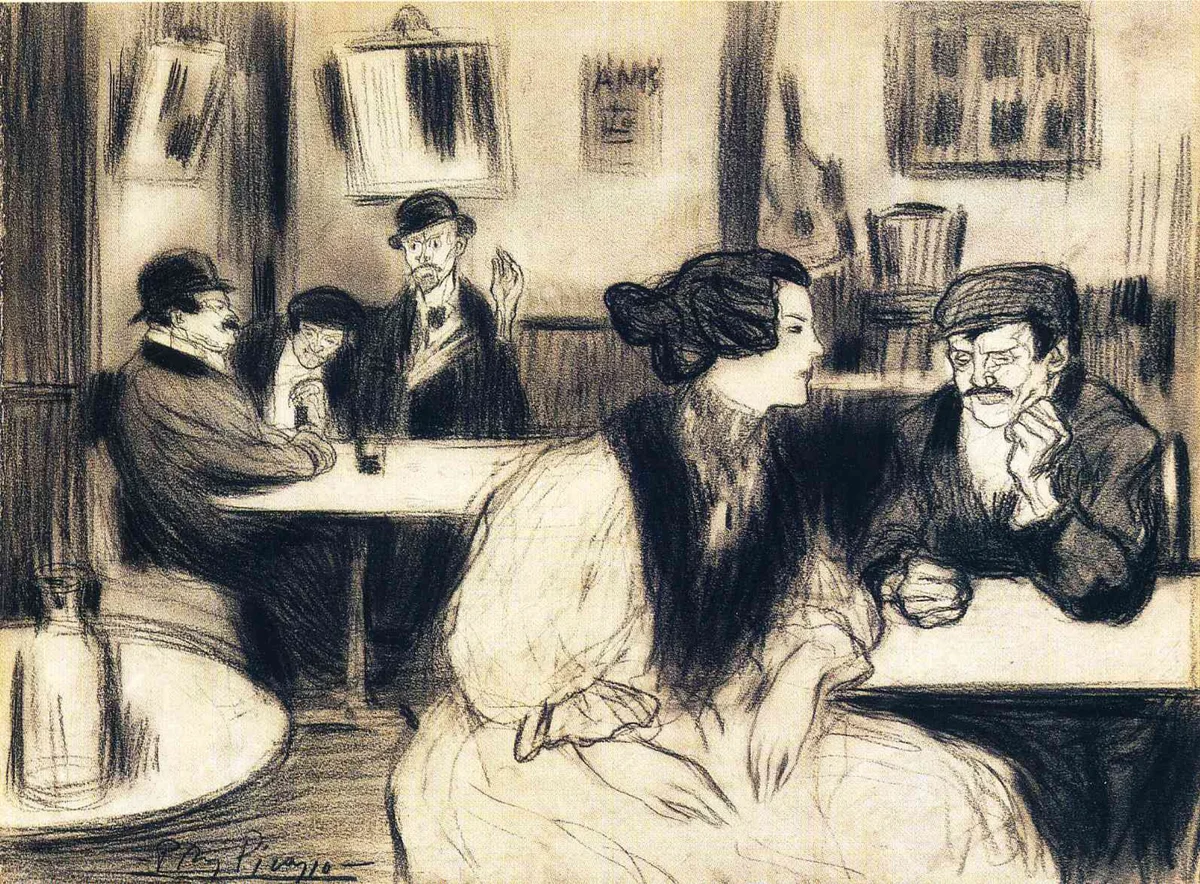 Picasso in a German art café with local artists, vintage style