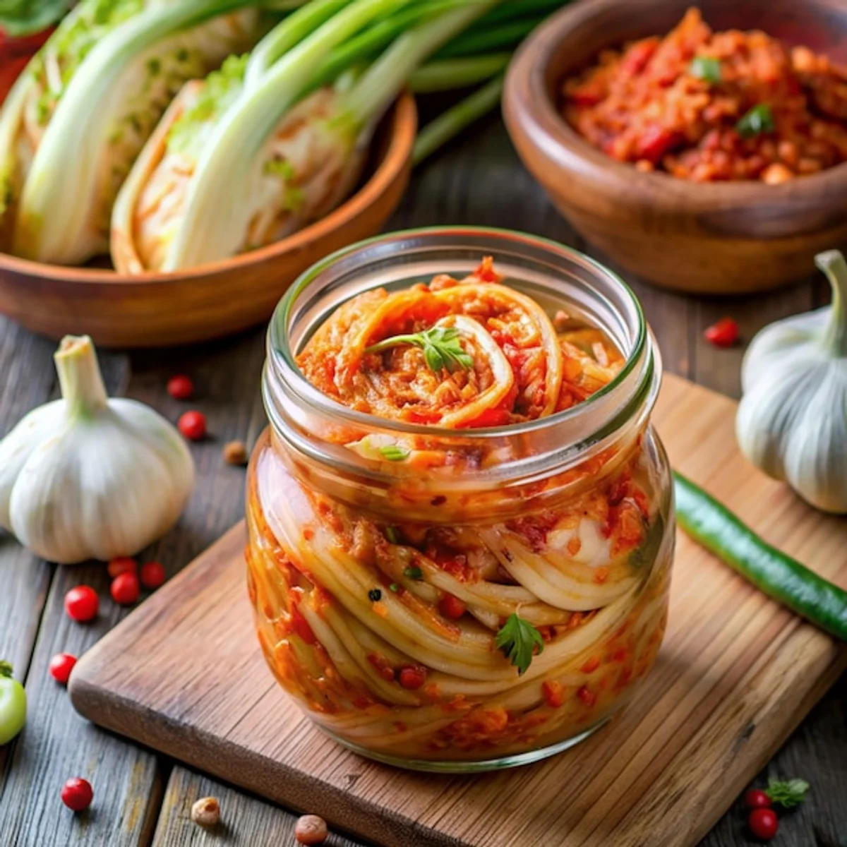 homemade kimchi preparation kitchen ingredients