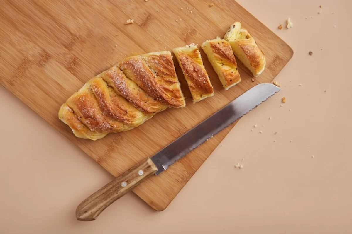 fresh homemade bread on wooden board rustic kitchen