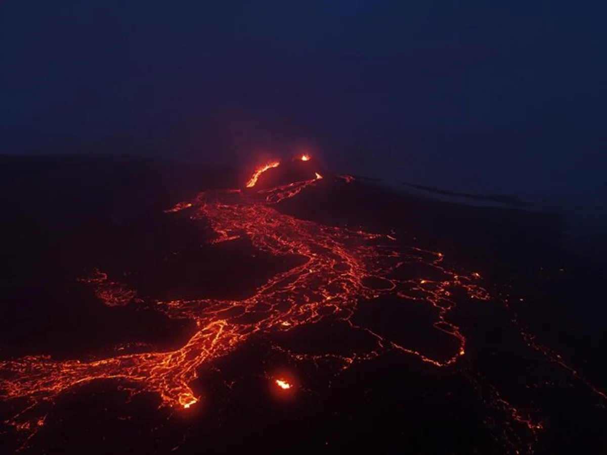 Iceland volcano eruption at night landscape