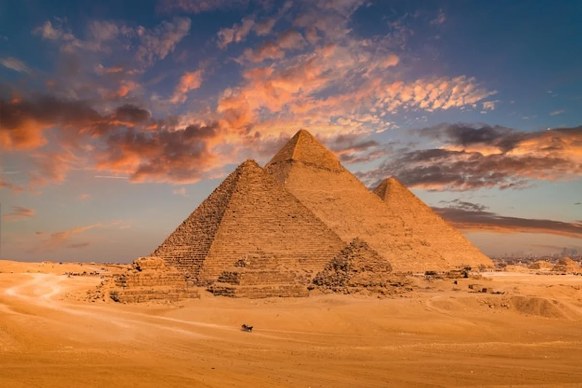 mysterious egyptian pyramids close-up sunset