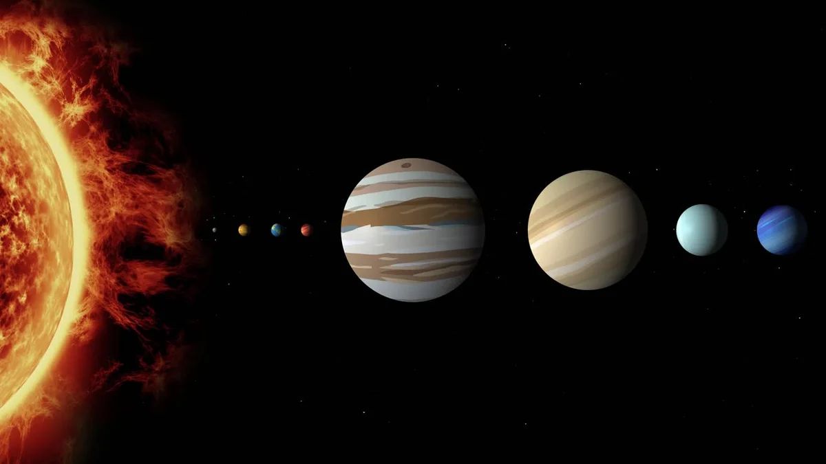 sun and jupiter size comparison, realistic, space art
