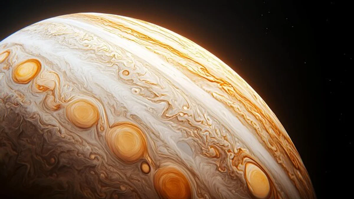 jupiter planet close up, clouds and storms, space photography