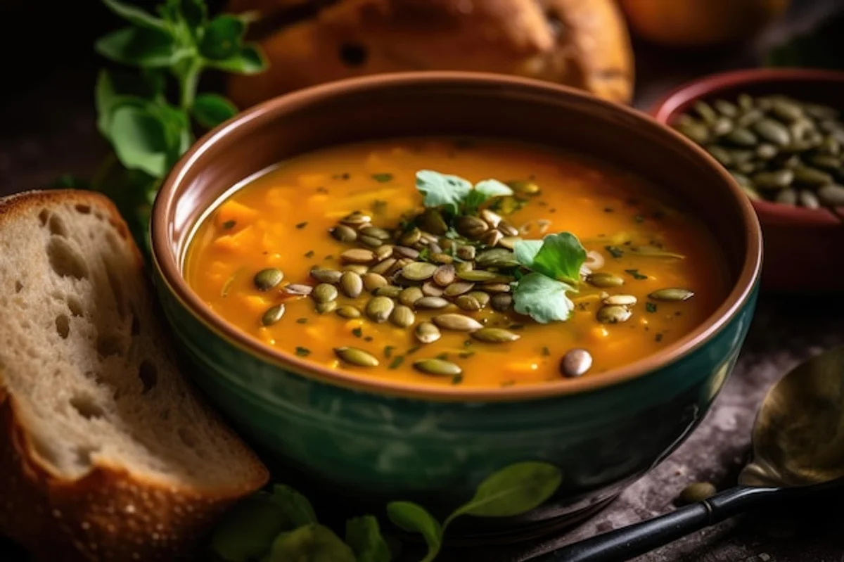 modern vegan lentil soup topped with microgreens
