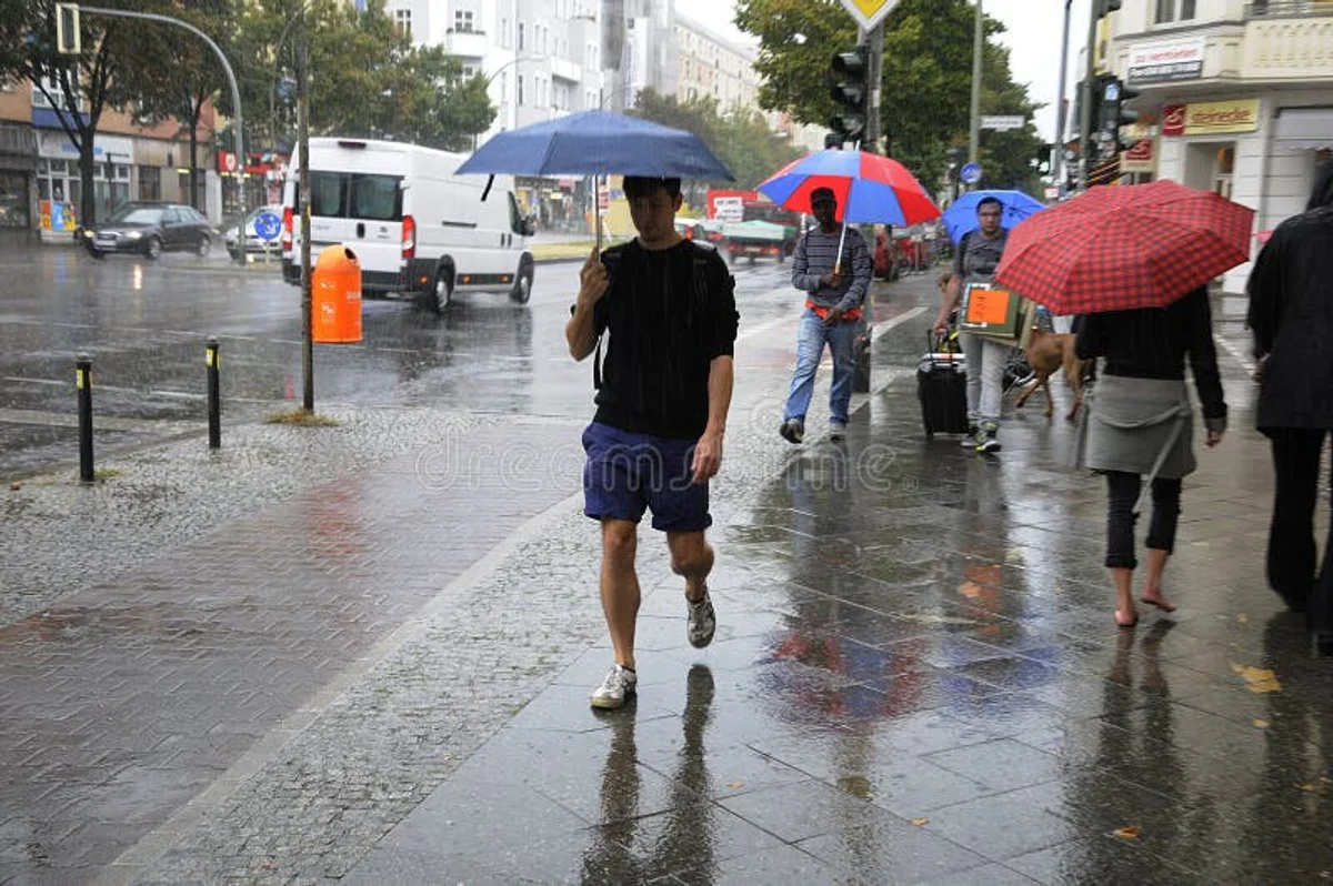 german commuters rainy weather street air umbrella