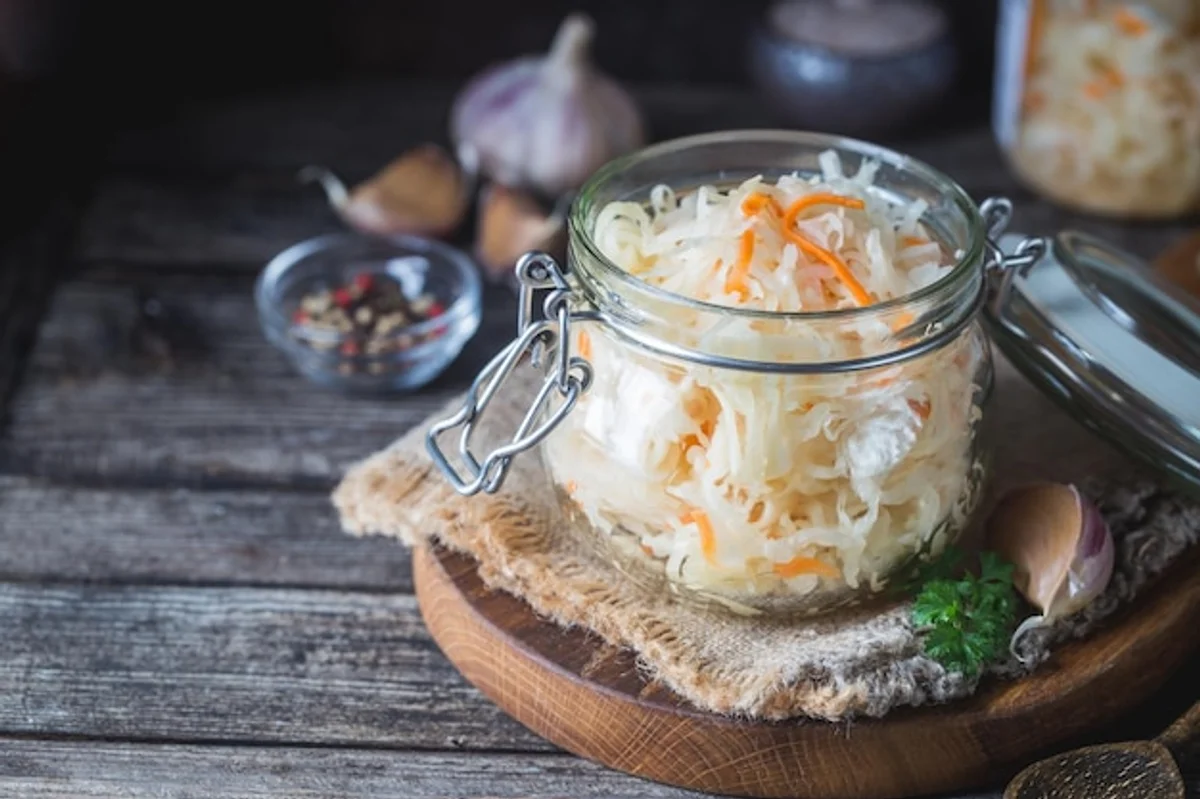 fresh homemade sauerkraut in glass jar rustic wooden table
