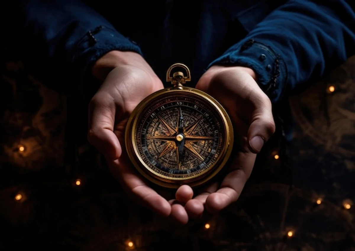 person using a compass under starry sky