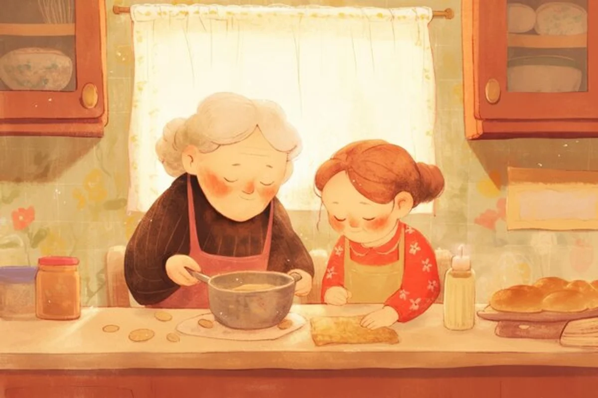 grandmother baking apple cake in cozy kitchen