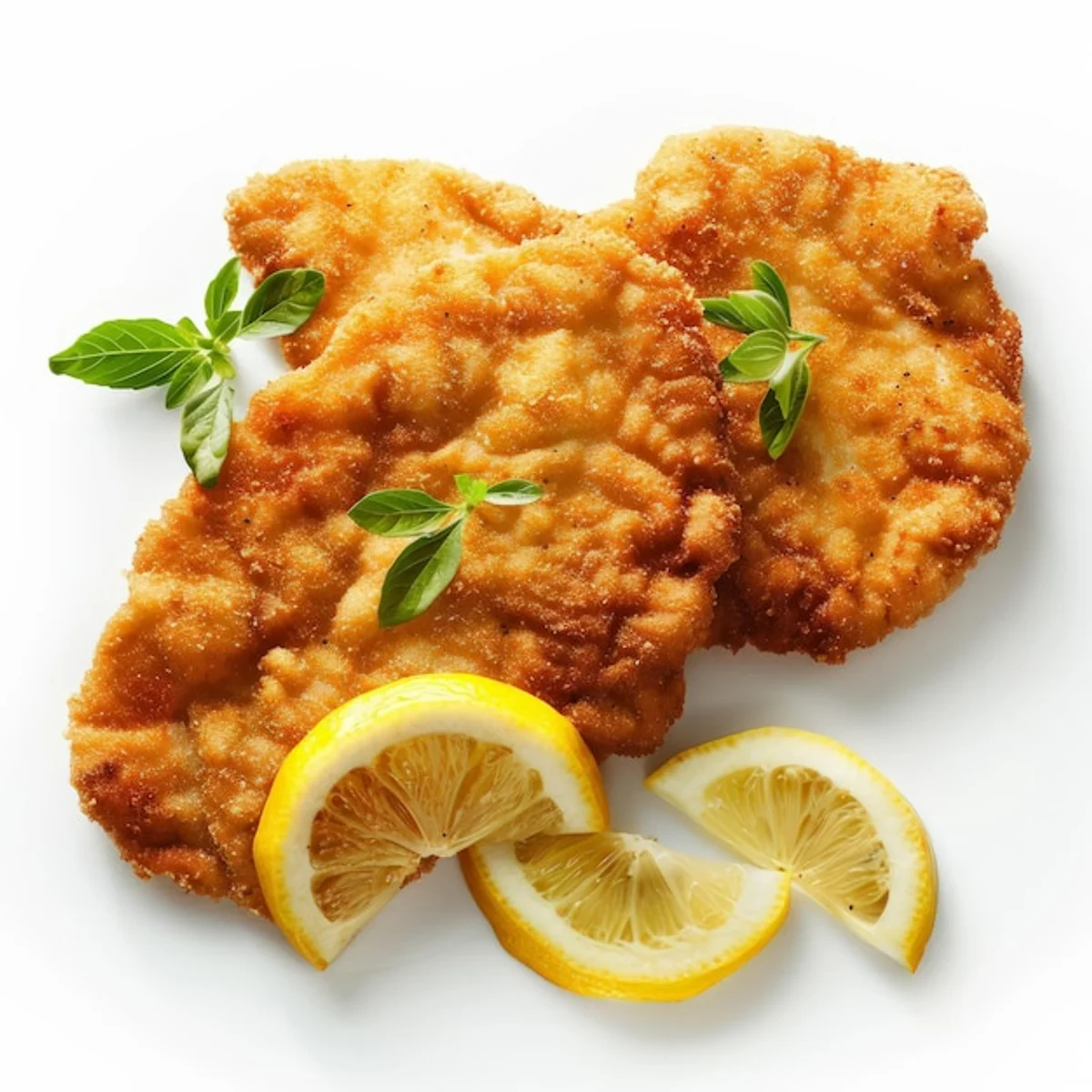 traditional wiener schnitzel on a white plate with lemon slice and parsley