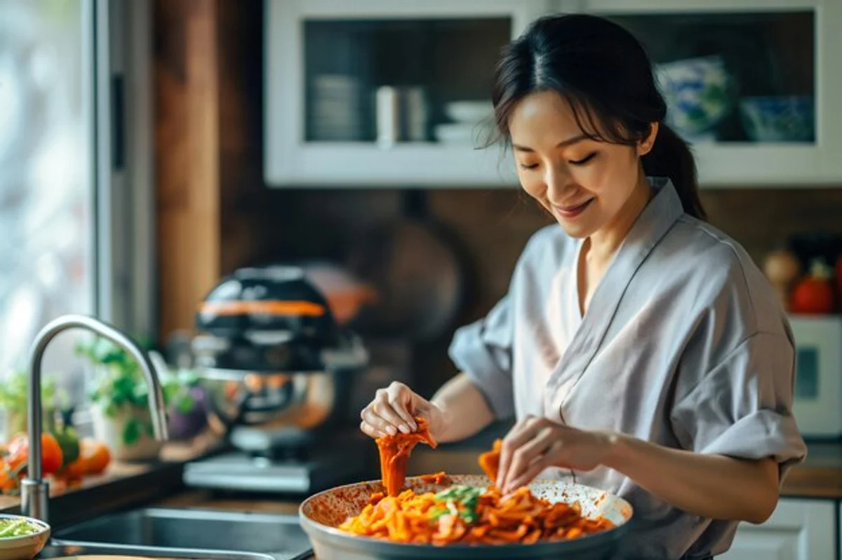 woman preparing homemade kimchi with fresh vegetables in modern kitchen