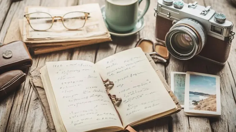 notebook with handwritten notes and coffee cup flat lay