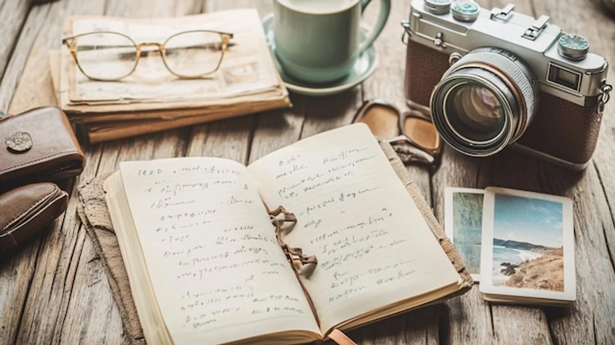 notebook with handwritten notes and coffee cup flat lay